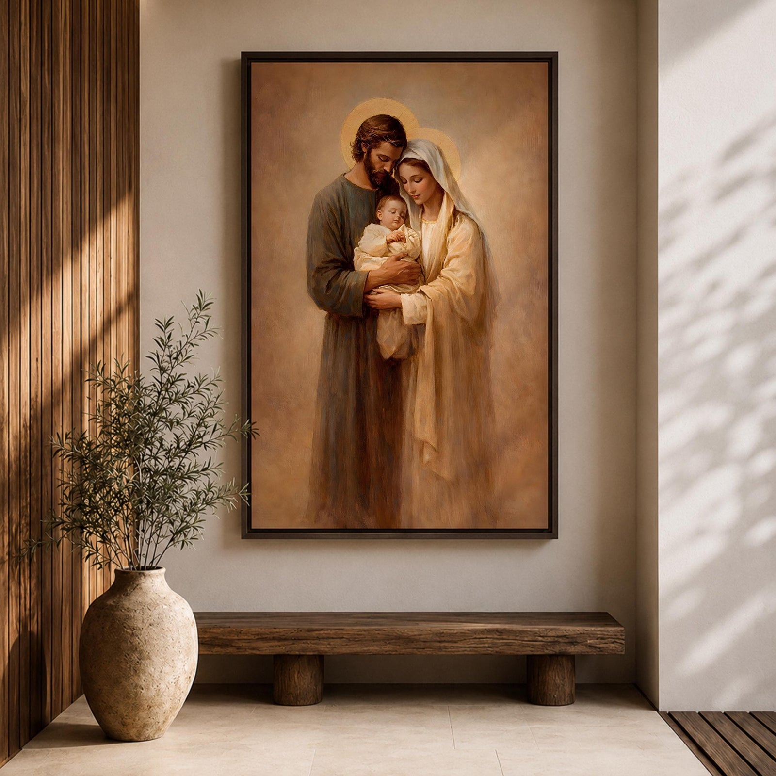 Holy Family devotional portrait showing Joseph and the Virgin Mary holding the infant Jesus together, their heads bowed close around the child in a traditional Christian religious composition. The figures are presented in a classic biblical family grouping associated with Catholic and Christian iconography of Jesus, Mary, and Joseph.