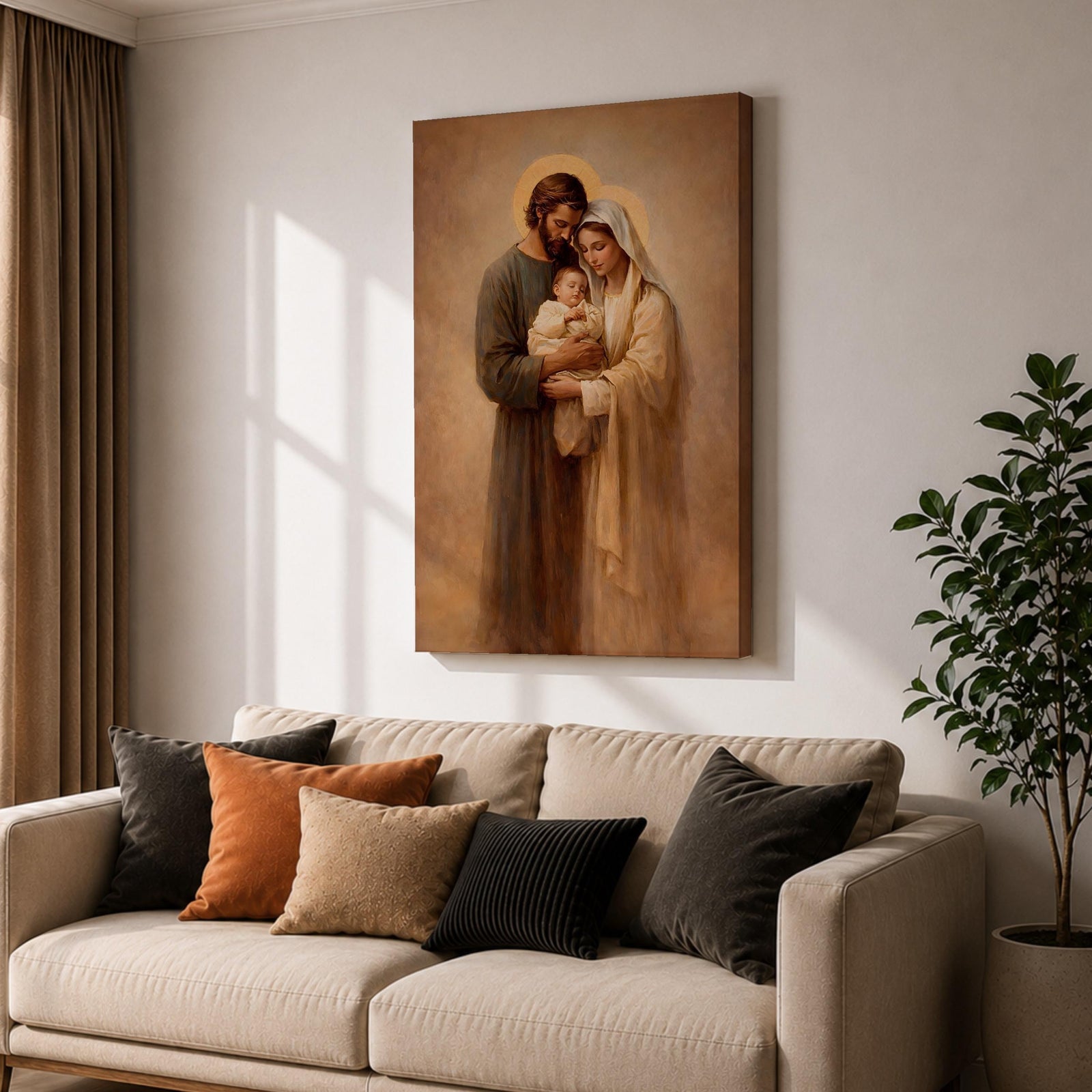 Holy Family devotional portrait showing Joseph and the Virgin Mary holding the infant Jesus together, their heads bowed close around the child in a traditional Christian religious composition. The figures are presented in a classic biblical family grouping associated with Catholic and Christian iconography of Jesus, Mary, and Joseph.
