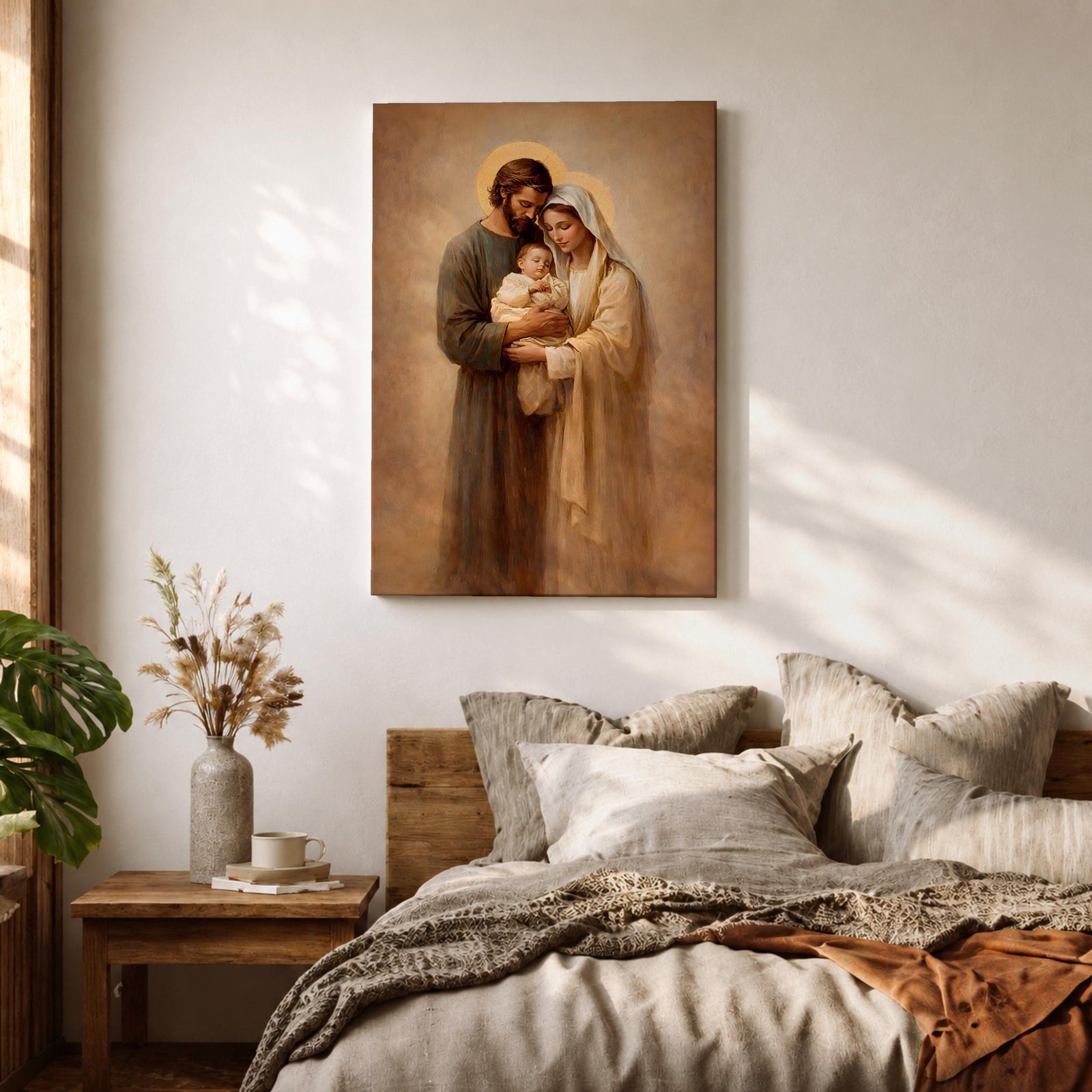 Holy Family devotional portrait showing Joseph and the Virgin Mary holding the infant Jesus together, their heads bowed close around the child in a traditional Christian religious composition. The figures are presented in a classic biblical family grouping associated with Catholic and Christian iconography of Jesus, Mary, and Joseph.