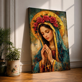 Portrait of the Virgin Mary shown with eyes closed and hands clasped in prayer while holding a rosary with a crucifix, wearing a mantle and veil beneath a circular floral crown, rendered with thick textured brushwork in an impasto painting style emphasizing devotional Catholic imagery and a traditional Madonna portrait format.