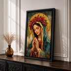 Portrait of the Virgin Mary shown with eyes closed and hands clasped in prayer while holding a rosary with a crucifix, wearing a mantle and veil beneath a circular floral crown, rendered with thick textured brushwork in an impasto painting style emphasizing devotional Catholic imagery and a traditional Madonna portrait format.