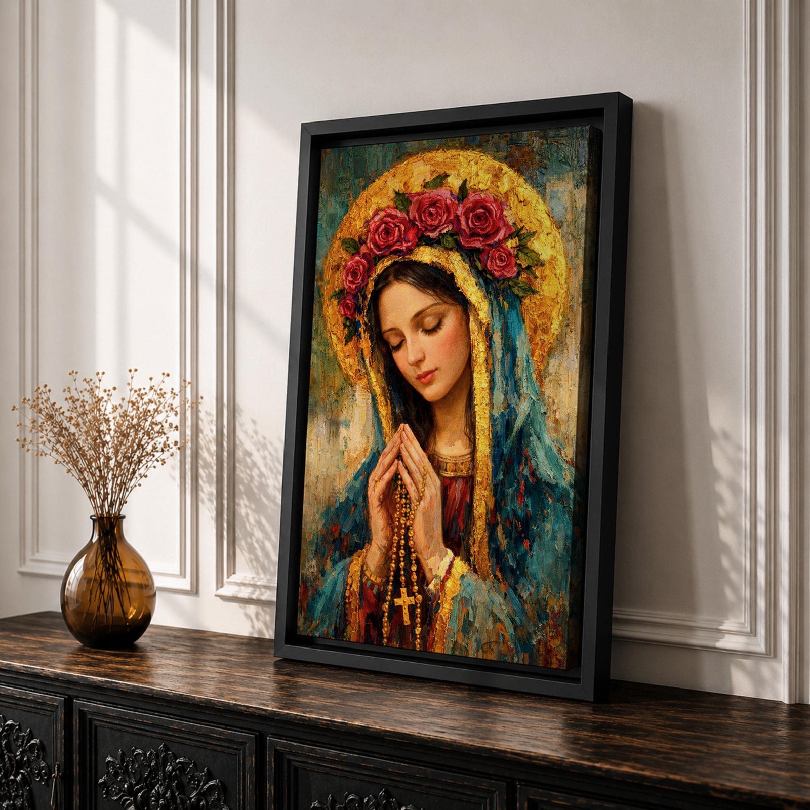 Portrait of the Virgin Mary shown with eyes closed and hands clasped in prayer while holding a rosary with a crucifix, wearing a mantle and veil beneath a circular floral crown, rendered with thick textured brushwork in an impasto painting style emphasizing devotional Catholic imagery and a traditional Madonna portrait format.