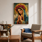 Portrait of the Virgin Mary shown with eyes closed and hands clasped in prayer while holding a rosary with a crucifix, wearing a mantle and veil beneath a circular floral crown, rendered with thick textured brushwork in an impasto painting style emphasizing devotional Catholic imagery and a traditional Madonna portrait format.