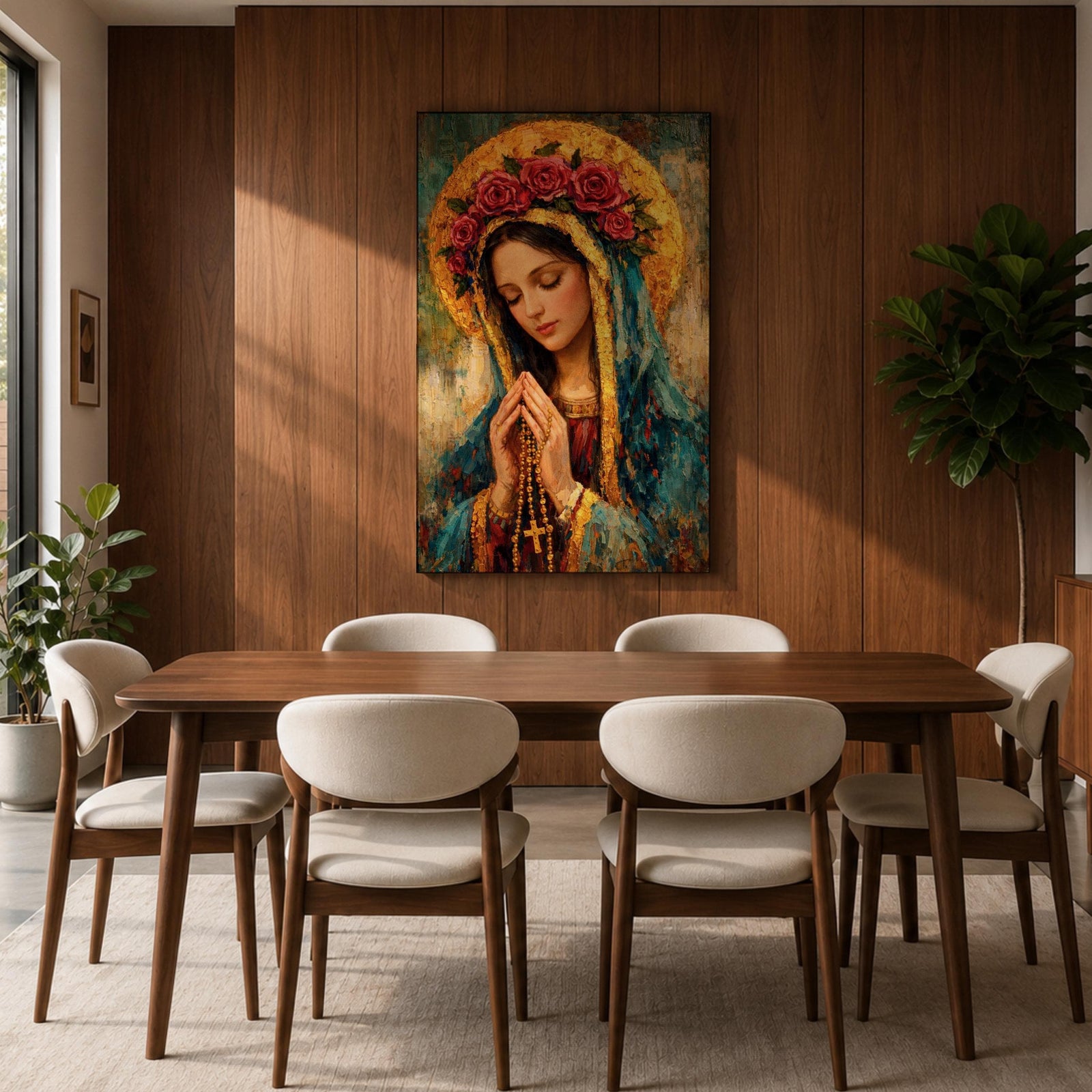 Portrait of the Virgin Mary shown with eyes closed and hands clasped in prayer while holding a rosary with a crucifix, wearing a mantle and veil beneath a circular floral crown, rendered with thick textured brushwork in an impasto painting style emphasizing devotional Catholic imagery and a traditional Madonna portrait format.