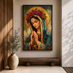Portrait of the Virgin Mary shown with eyes closed and hands clasped in prayer while holding a rosary with a crucifix, wearing a mantle and veil beneath a circular floral crown, rendered with thick textured brushwork in an impasto painting style emphasizing devotional Catholic imagery and a traditional Madonna portrait format.