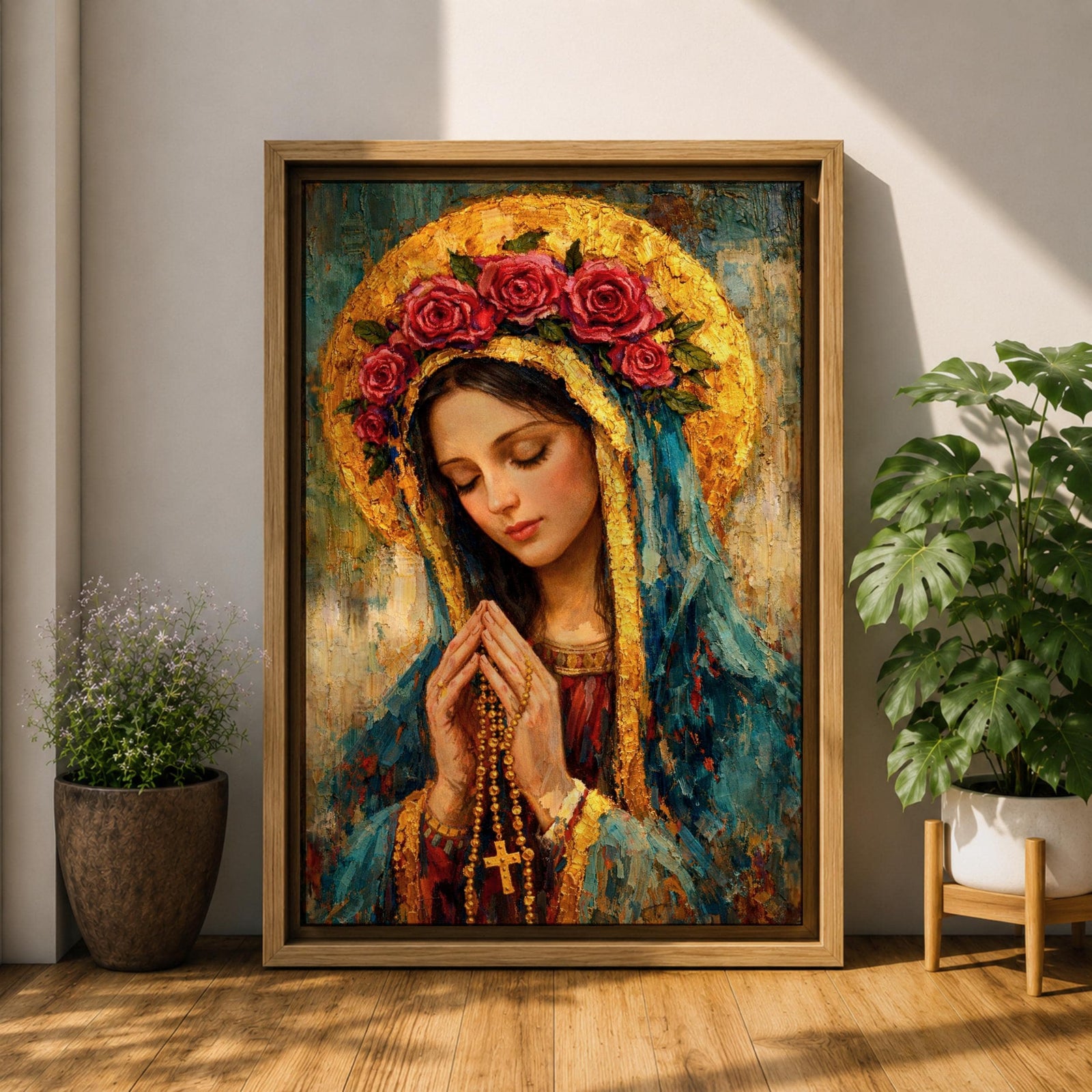 Portrait of the Virgin Mary shown with eyes closed and hands clasped in prayer while holding a rosary with a crucifix, wearing a mantle and veil beneath a circular floral crown, rendered with thick textured brushwork in an impasto painting style emphasizing devotional Catholic imagery and a traditional Madonna portrait format.