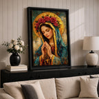 Portrait of the Virgin Mary shown with eyes closed and hands clasped in prayer while holding a rosary with a crucifix, wearing a mantle and veil beneath a circular floral crown, rendered with thick textured brushwork in an impasto painting style emphasizing devotional Catholic imagery and a traditional Madonna portrait format.