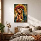 Portrait of the Virgin Mary shown with eyes closed and hands clasped in prayer while holding a rosary with a crucifix, wearing a mantle and veil beneath a circular floral crown, rendered with thick textured brushwork in an impasto painting style emphasizing devotional Catholic imagery and a traditional Madonna portrait format.