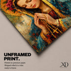 Portrait of the Virgin Mary shown with eyes closed and hands clasped in prayer while holding a rosary with a crucifix, wearing a mantle and veil beneath a circular floral crown, rendered with thick textured brushwork in an impasto painting style emphasizing devotional Catholic imagery and a traditional Madonna portrait format.