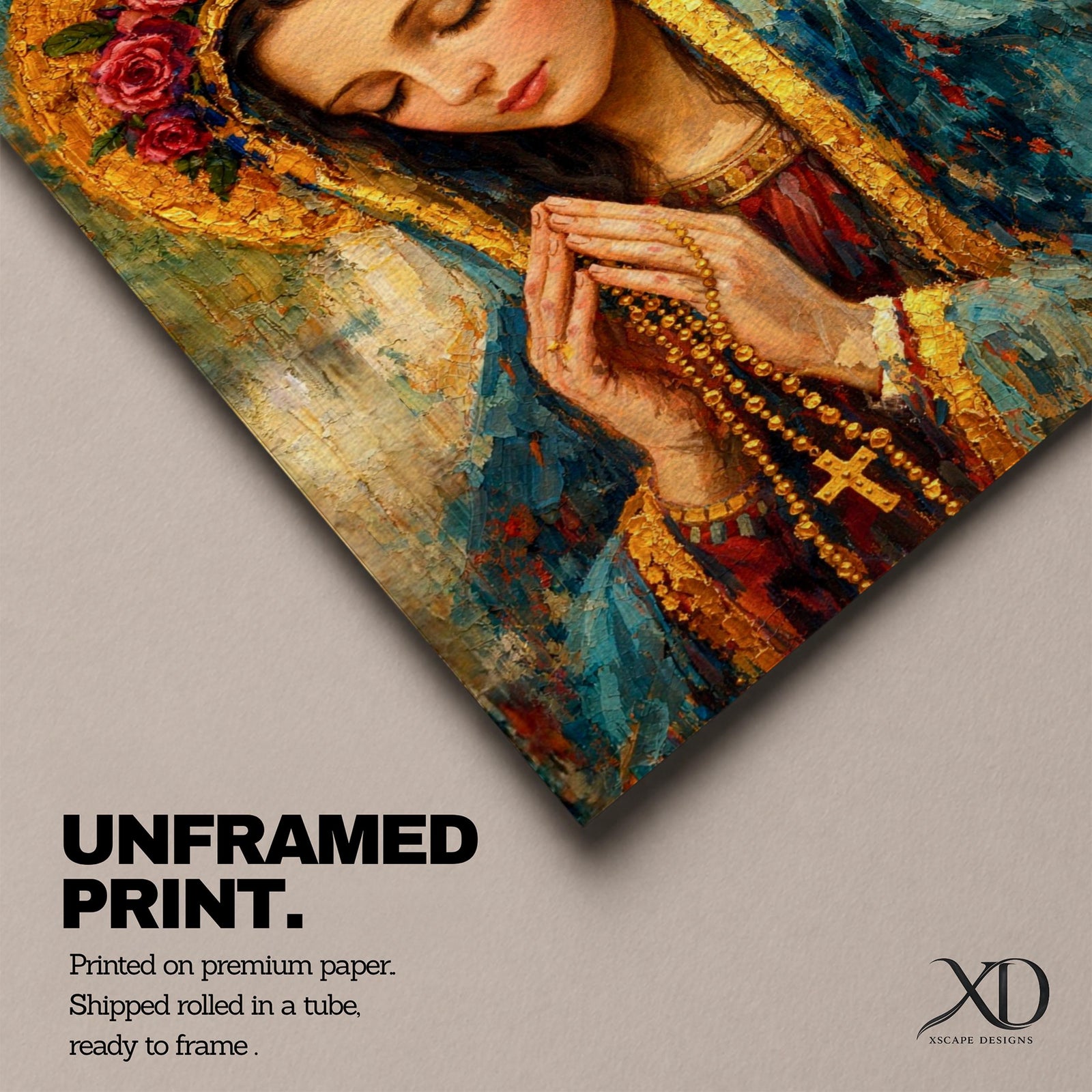 Portrait of the Virgin Mary shown with eyes closed and hands clasped in prayer while holding a rosary with a crucifix, wearing a mantle and veil beneath a circular floral crown, rendered with thick textured brushwork in an impasto painting style emphasizing devotional Catholic imagery and a traditional Madonna portrait format.