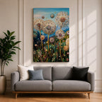 Tall dandelion flowers with spherical seed heads rise from a dense wildflower meadow filled with stems and small blossoms, rendered with intricate decorative detail resembling glasslike floral structures, set against distant mountains and an open sky, forming a layered botanical landscape composition.