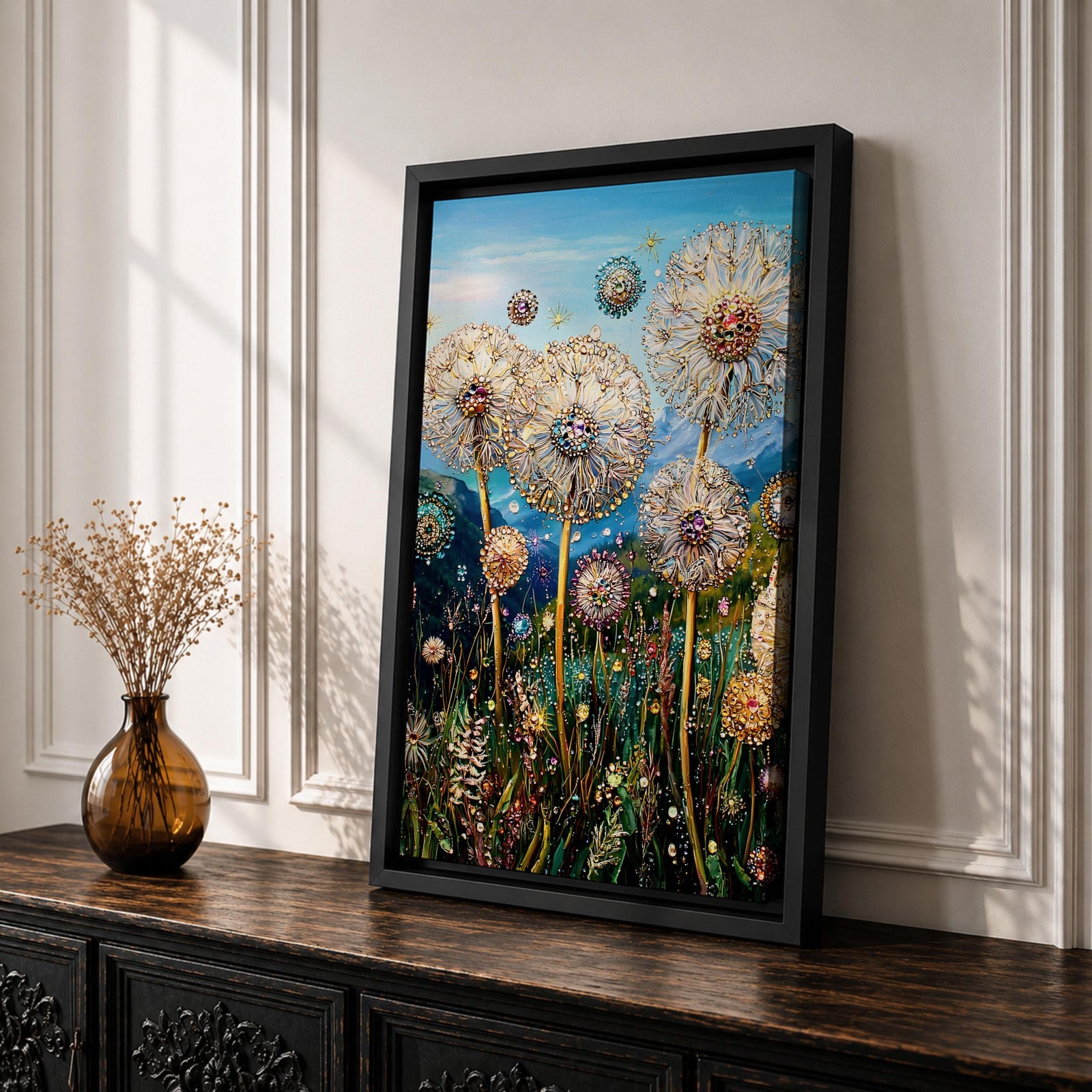 Tall dandelion flowers with spherical seed heads rise from a dense wildflower meadow filled with stems and small blossoms, rendered with intricate decorative detail resembling glasslike floral structures, set against distant mountains and an open sky, forming a layered botanical landscape composition.