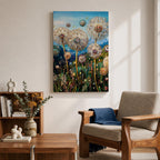 Tall dandelion flowers with spherical seed heads rise from a dense wildflower meadow filled with stems and small blossoms, rendered with intricate decorative detail resembling glasslike floral structures, set against distant mountains and an open sky, forming a layered botanical landscape composition.