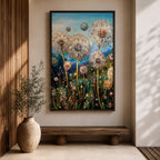 Tall dandelion flowers with spherical seed heads rise from a dense wildflower meadow filled with stems and small blossoms, rendered with intricate decorative detail resembling glasslike floral structures, set against distant mountains and an open sky, forming a layered botanical landscape composition.