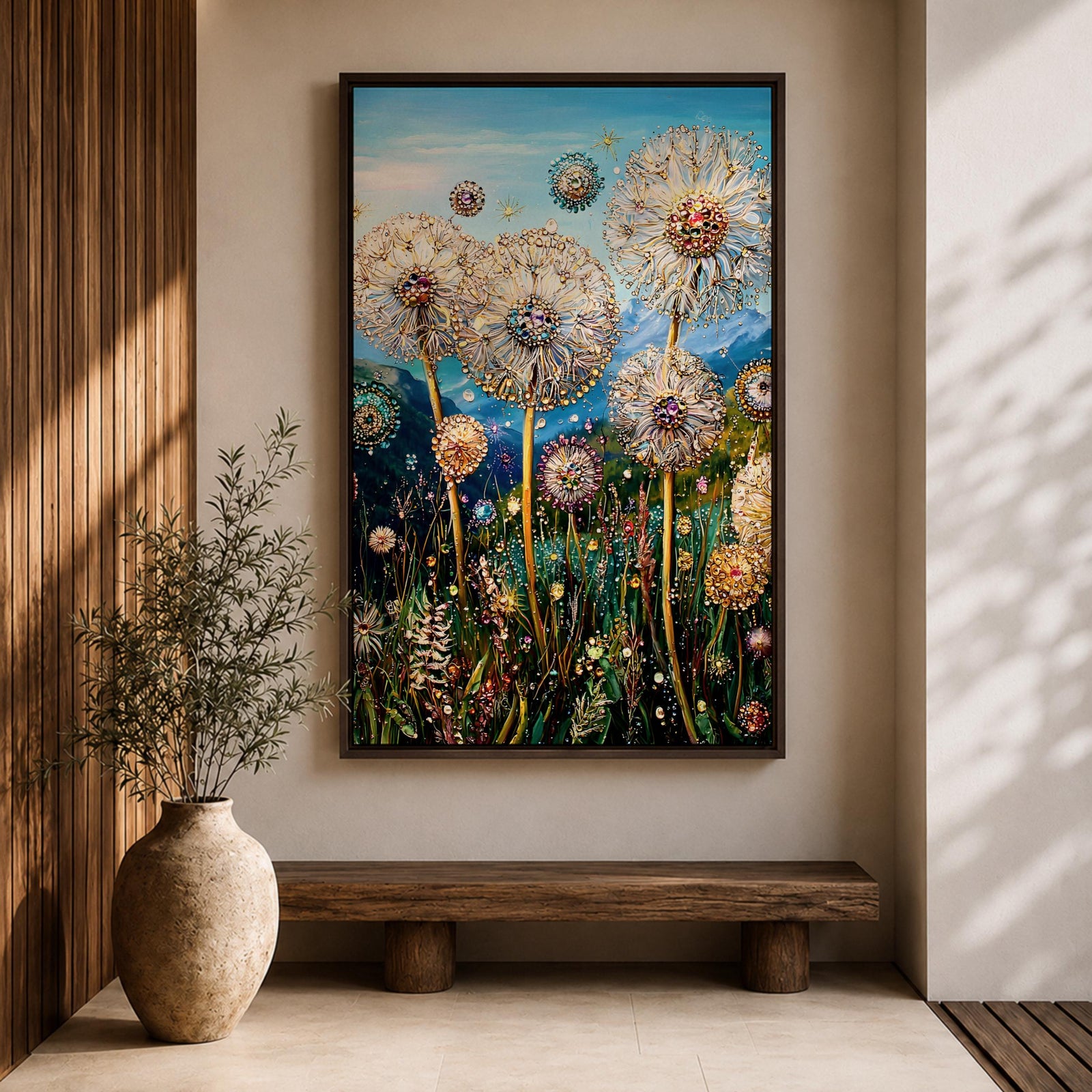Tall dandelion flowers with spherical seed heads rise from a dense wildflower meadow filled with stems and small blossoms, rendered with intricate decorative detail resembling glasslike floral structures, set against distant mountains and an open sky, forming a layered botanical landscape composition.