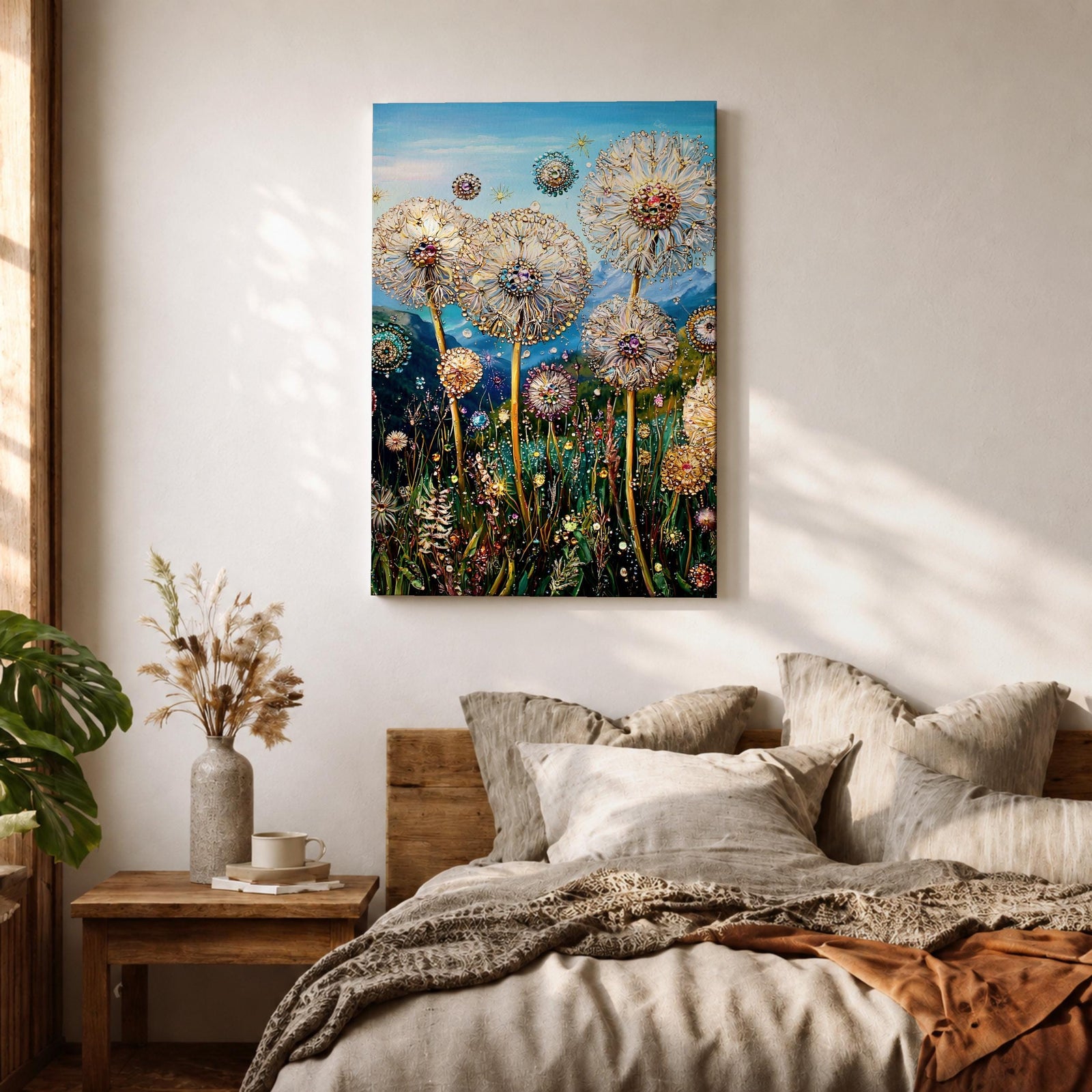 Tall dandelion flowers with spherical seed heads rise from a dense wildflower meadow filled with stems and small blossoms, rendered with intricate decorative detail resembling glasslike floral structures, set against distant mountains and an open sky, forming a layered botanical landscape composition.