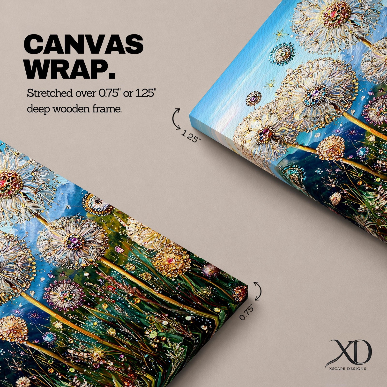 Tall dandelion flowers with spherical seed heads rise from a dense wildflower meadow filled with stems and small blossoms, rendered with intricate decorative detail resembling glasslike floral structures, set against distant mountains and an open sky, forming a layered botanical landscape composition.