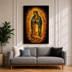 Traditional Our Lady of Guadalupe Catholic icon showing the Virgin Mary standing in prayer with hands clasped, surrounded by radiant sunburst rays. She wears a star covered mantle and flowing robe while standing on a crescent moon supported by an angel below, presented in a classic devotional religious composition associated with Mexican Catholic imagery.