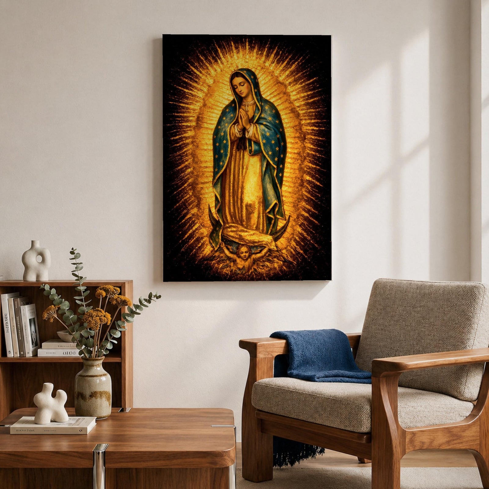 Traditional Our Lady of Guadalupe Catholic icon showing the Virgin Mary standing in prayer with hands clasped, surrounded by radiant sunburst rays. She wears a star covered mantle and flowing robe while standing on a crescent moon supported by an angel below, presented in a classic devotional religious composition associated with Mexican Catholic imagery.