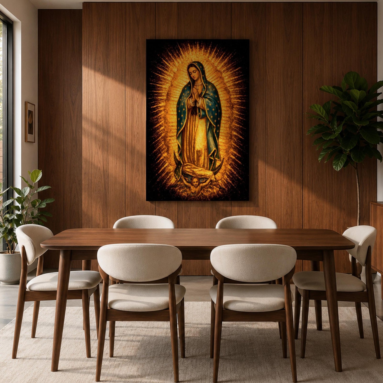Traditional Our Lady of Guadalupe Catholic icon showing the Virgin Mary standing in prayer with hands clasped, surrounded by radiant sunburst rays. She wears a star covered mantle and flowing robe while standing on a crescent moon supported by an angel below, presented in a classic devotional religious composition associated with Mexican Catholic imagery.