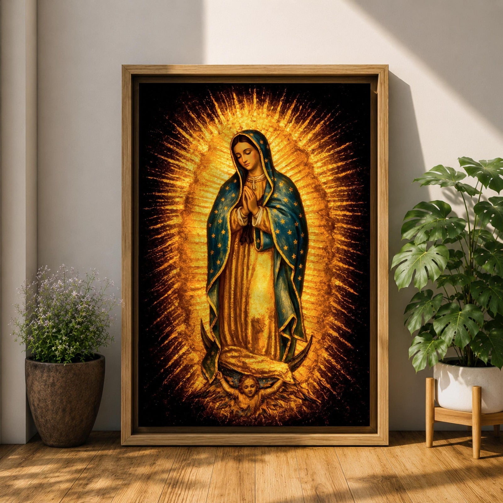 Traditional Our Lady of Guadalupe Catholic icon showing the Virgin Mary standing in prayer with hands clasped, surrounded by radiant sunburst rays. She wears a star covered mantle and flowing robe while standing on a crescent moon supported by an angel below, presented in a classic devotional religious composition associated with Mexican Catholic imagery.