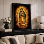 Traditional Our Lady of Guadalupe Catholic icon showing the Virgin Mary standing in prayer with hands clasped, surrounded by radiant sunburst rays. She wears a star covered mantle and flowing robe while standing on a crescent moon supported by an angel below, presented in a classic devotional religious composition associated with Mexican Catholic imagery.