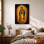Traditional Our Lady of Guadalupe Catholic icon showing the Virgin Mary standing in prayer with hands clasped, surrounded by radiant sunburst rays. She wears a star covered mantle and flowing robe while standing on a crescent moon supported by an angel below, presented in a classic devotional religious composition associated with Mexican Catholic imagery.