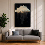 A framed canvas painting depicting a single rain cloud against a dark background with elongated raindrops dripping downward in a surreal style, emphasizing the contrast between the soft cloud and the delicate, elongated rain streaks, creating a moody and atmospheric nature-themed artwork.