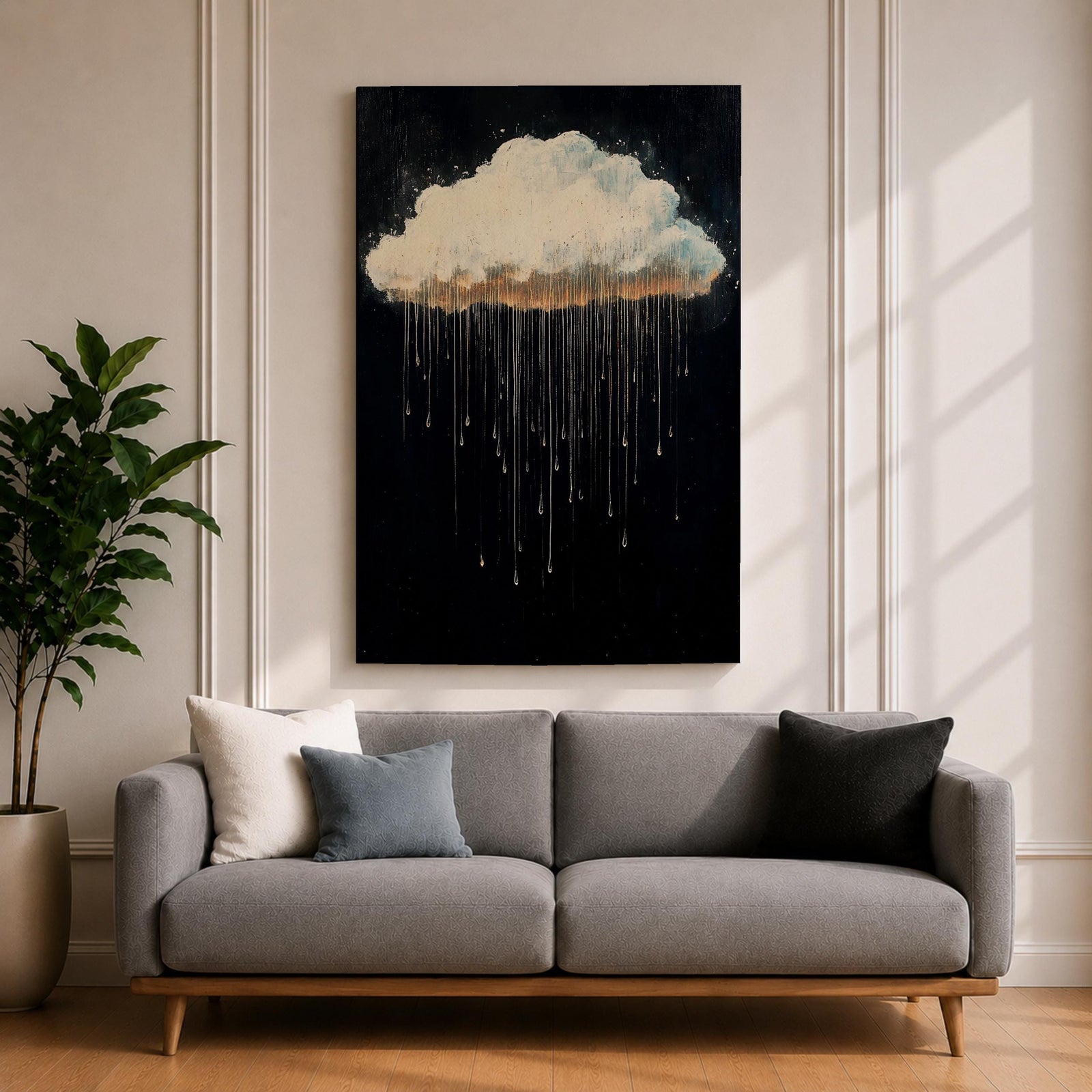 A framed canvas painting depicting a single rain cloud against a dark background with elongated raindrops dripping downward in a surreal style, emphasizing the contrast between the soft cloud and the delicate, elongated rain streaks, creating a moody and atmospheric nature-themed artwork.