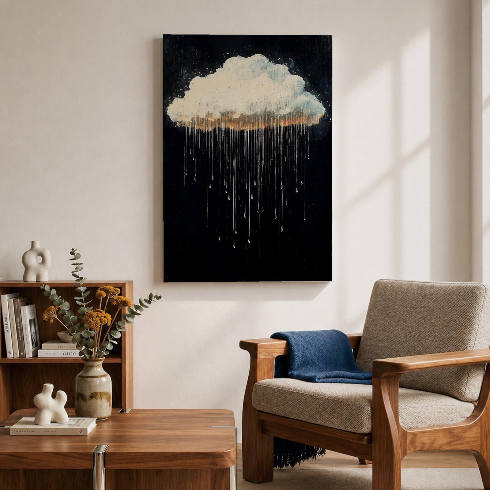 A framed canvas painting depicting a single rain cloud against a dark background with elongated raindrops dripping downward in a surreal style, emphasizing the contrast between the soft cloud and the delicate, elongated rain streaks, creating a moody and atmospheric nature-themed artwork.