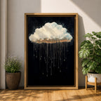 A framed canvas painting depicting a single rain cloud against a dark background with elongated raindrops dripping downward in a surreal style, emphasizing the contrast between the soft cloud and the delicate, elongated rain streaks, creating a moody and atmospheric nature-themed artwork.