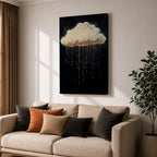 A framed canvas painting depicting a single rain cloud against a dark background with elongated raindrops dripping downward in a surreal style, emphasizing the contrast between the soft cloud and the delicate, elongated rain streaks, creating a moody and atmospheric nature-themed artwork.