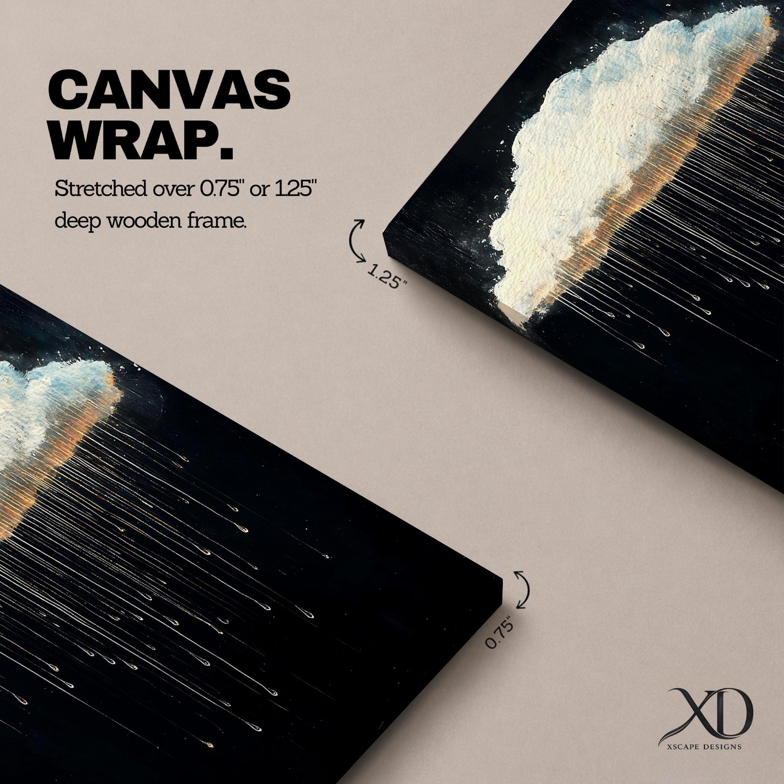 A framed canvas painting depicting a single rain cloud against a dark background with elongated raindrops dripping downward in a surreal style, emphasizing the contrast between the soft cloud and the delicate, elongated rain streaks, creating a moody and atmospheric nature-themed artwork.
