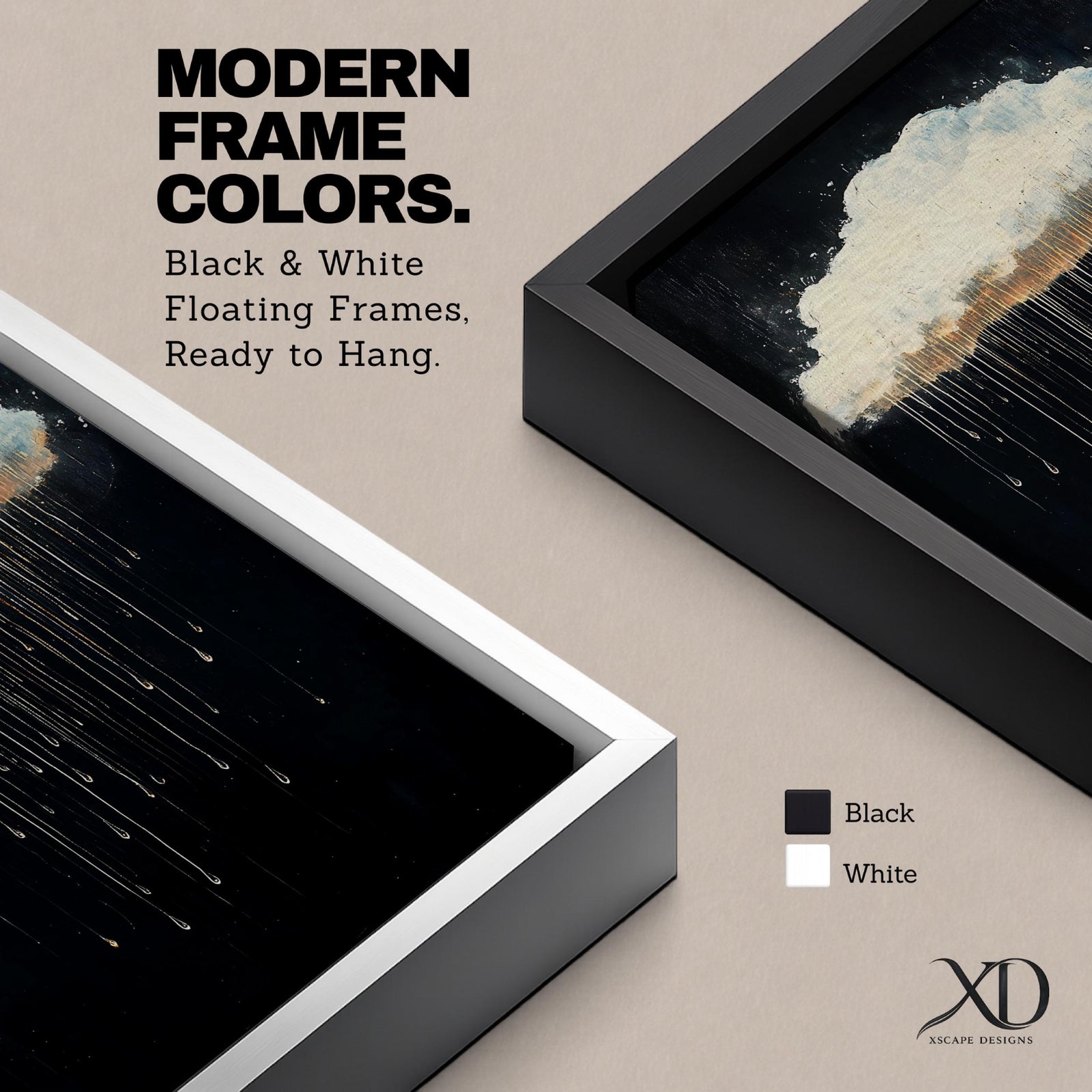 A framed canvas painting depicting a single rain cloud against a dark background with elongated raindrops dripping downward in a surreal style, emphasizing the contrast between the soft cloud and the delicate, elongated rain streaks, creating a moody and atmospheric nature-themed artwork.