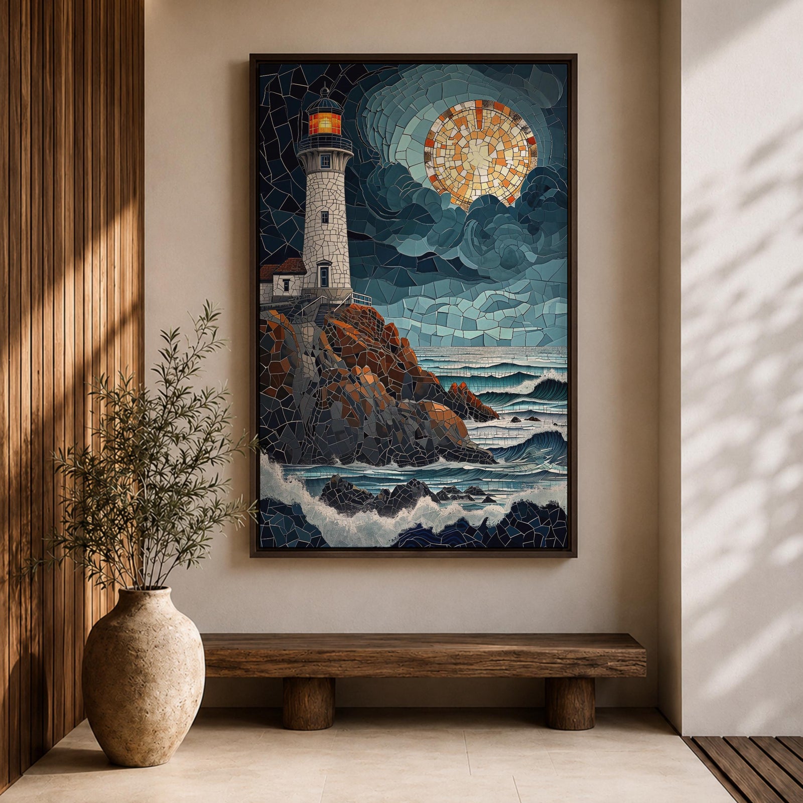 This artwork depicts a lighthouse on rocky cliffs overlooking the ocean with waves crashing below under a large glowing moon. The entire scene is rendered in a stained glass style with fragmented, colorful glass pieces forming the lighthouse, sky, moon, rocks, and sea, creating a mosaic effect.