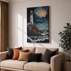 This artwork depicts a lighthouse on rocky cliffs overlooking the ocean with waves crashing below under a large glowing moon. The entire scene is rendered in a stained glass style with fragmented, colorful glass pieces forming the lighthouse, sky, moon, rocks, and sea, creating a mosaic effect.