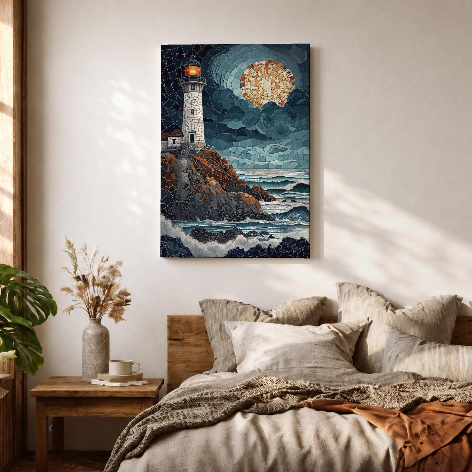 This artwork depicts a lighthouse on rocky cliffs overlooking the ocean with waves crashing below under a large glowing moon. The entire scene is rendered in a stained glass style with fragmented, colorful glass pieces forming the lighthouse, sky, moon, rocks, and sea, creating a mosaic effect.