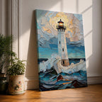 This artwork depicts a lighthouse standing tall amidst crashing ocean waves under a textured sky, rendered in a mosaic style with fragmented, tile-like elements creating depth and movement. The lighthouse light glows warmly, contrasting with the dynamic sea and sky, capturing a vibrant coastal scene.