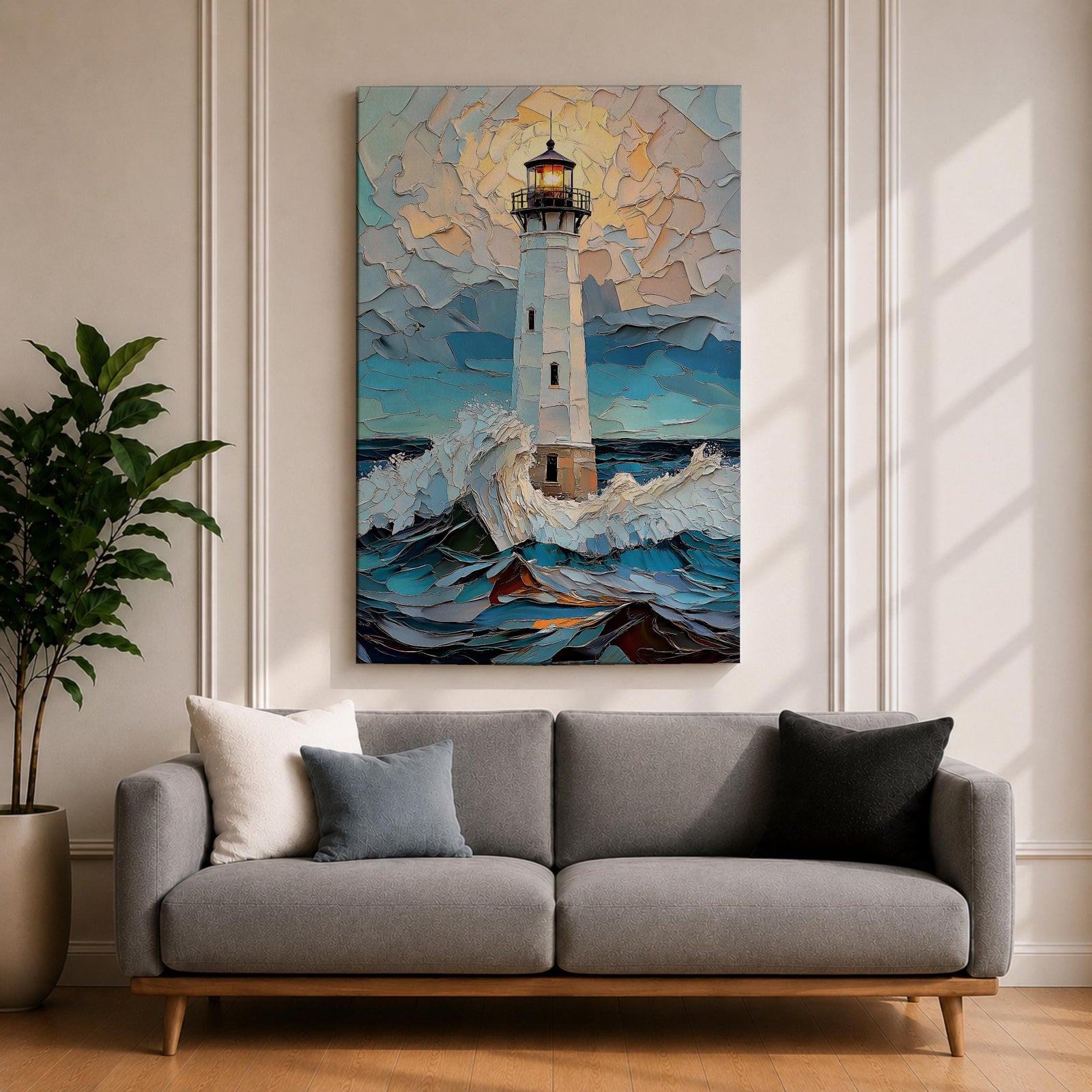 This artwork depicts a lighthouse standing tall amidst crashing ocean waves under a textured sky, rendered in a mosaic style with fragmented, tile-like elements creating depth and movement. The lighthouse light glows warmly, contrasting with the dynamic sea and sky, capturing a vibrant coastal scene.