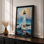 This artwork depicts a lighthouse standing tall amidst crashing ocean waves under a textured sky, rendered in a mosaic style with fragmented, tile-like elements creating depth and movement. The lighthouse light glows warmly, contrasting with the dynamic sea and sky, capturing a vibrant coastal scene.