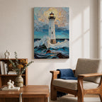 This artwork depicts a lighthouse standing tall amidst crashing ocean waves under a textured sky, rendered in a mosaic style with fragmented, tile-like elements creating depth and movement. The lighthouse light glows warmly, contrasting with the dynamic sea and sky, capturing a vibrant coastal scene.