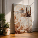 Sepia toned painting of the Dome of the Rock within the Masjid Al Aqsa compound rising above the historic stone walls of Jerusalem Old City, with the domed mosque and surrounding architecture overlooking ancient terraces and tall trees in a textured classical style.