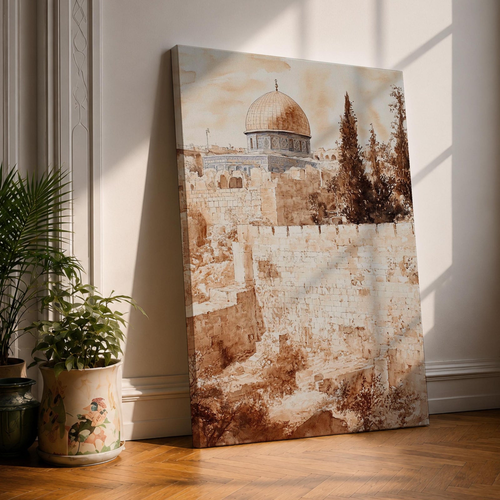 Sepia toned painting of the Dome of the Rock within the Masjid Al Aqsa compound rising above the historic stone walls of Jerusalem Old City, with the domed mosque and surrounding architecture overlooking ancient terraces and tall trees in a textured classical style.