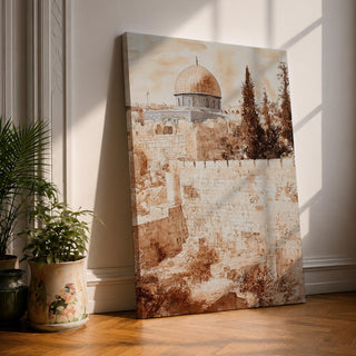 Sepia toned painting of the Dome of the Rock within the Masjid Al Aqsa compound rising above the historic stone walls of Jerusalem Old City, with the domed mosque and surrounding architecture overlooking ancient terraces and tall trees in a textured classical style.