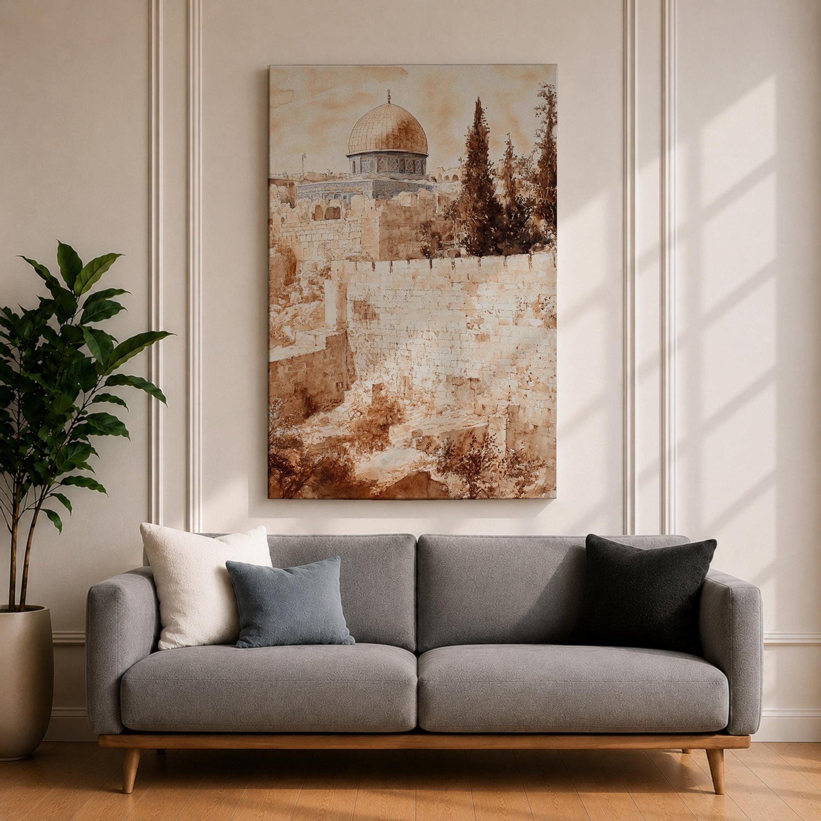 Sepia toned painting of the Dome of the Rock within the Masjid Al Aqsa compound rising above the historic stone walls of Jerusalem Old City, with the domed mosque and surrounding architecture overlooking ancient terraces and tall trees in a textured classical style.