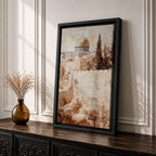 Sepia toned painting of the Dome of the Rock within the Masjid Al Aqsa compound rising above the historic stone walls of Jerusalem Old City, with the domed mosque and surrounding architecture overlooking ancient terraces and tall trees in a textured classical style.
