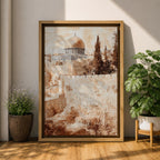 Sepia toned painting of the Dome of the Rock within the Masjid Al Aqsa compound rising above the historic stone walls of Jerusalem Old City, with the domed mosque and surrounding architecture overlooking ancient terraces and tall trees in a textured classical style.
