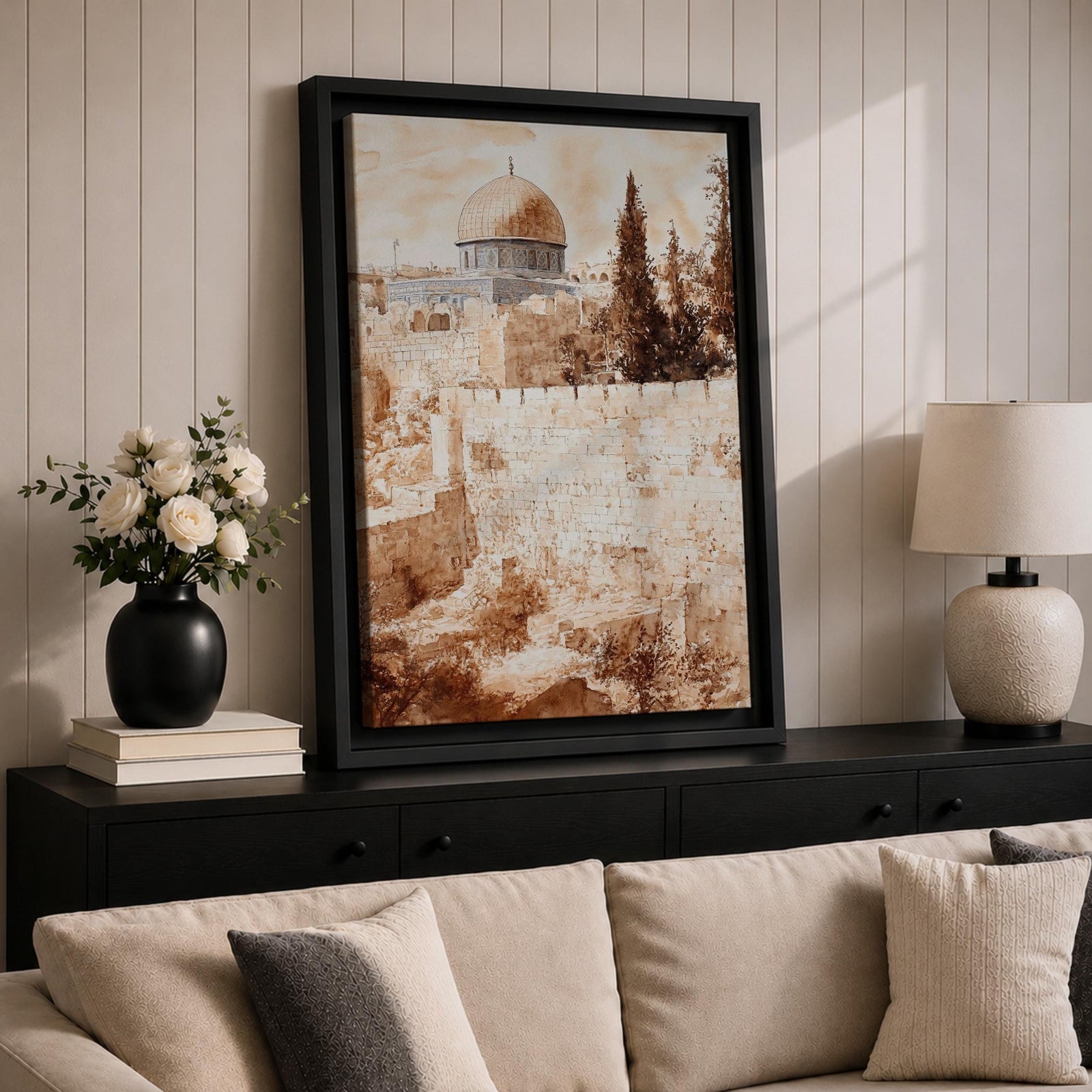 Sepia toned painting of the Dome of the Rock within the Masjid Al Aqsa compound rising above the historic stone walls of Jerusalem Old City, with the domed mosque and surrounding architecture overlooking ancient terraces and tall trees in a textured classical style.