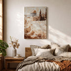 Sepia toned painting of the Dome of the Rock within the Masjid Al Aqsa compound rising above the historic stone walls of Jerusalem Old City, with the domed mosque and surrounding architecture overlooking ancient terraces and tall trees in a textured classical style.