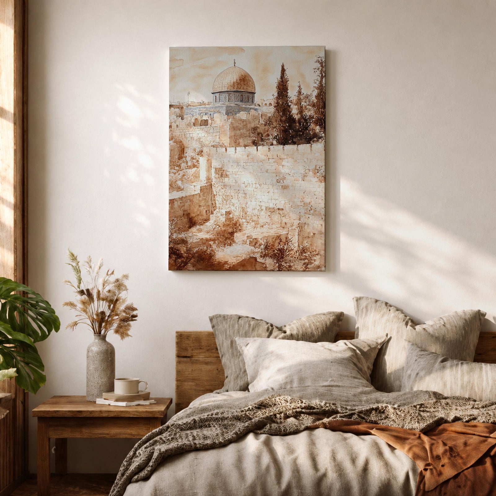 Sepia toned painting of the Dome of the Rock within the Masjid Al Aqsa compound rising above the historic stone walls of Jerusalem Old City, with the domed mosque and surrounding architecture overlooking ancient terraces and tall trees in a textured classical style.